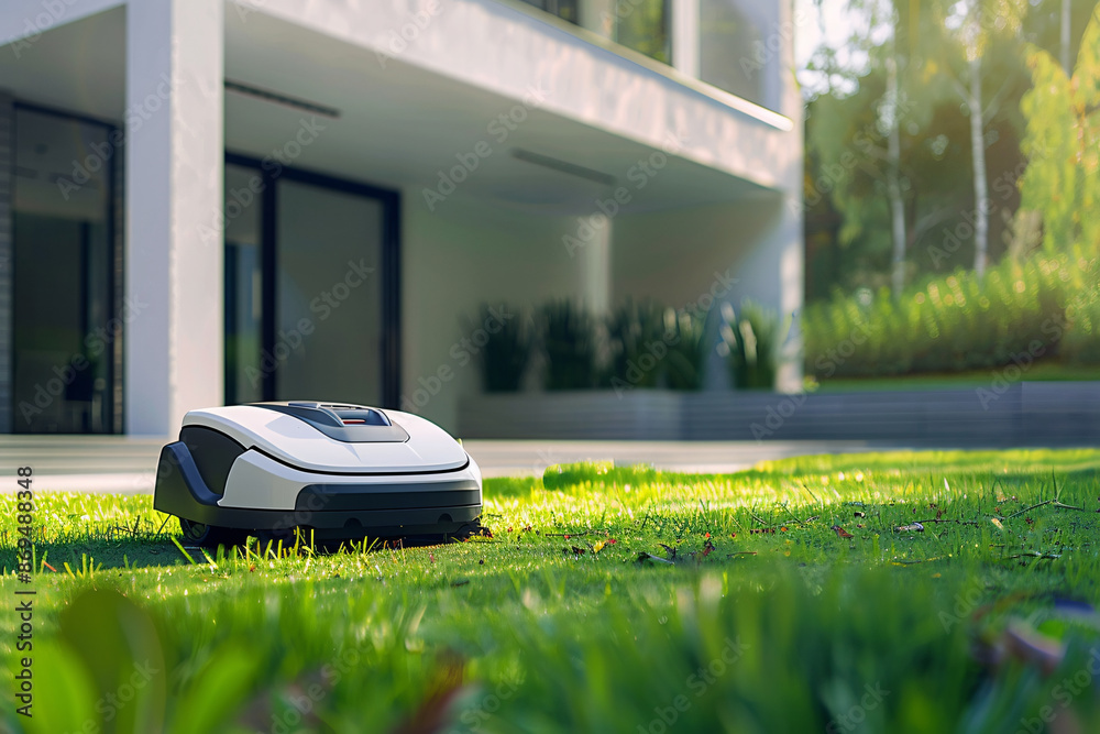 lawn mover on green grass in modern garden near big modern house with terrace lawn mover on green grass in modern garden near big modern house with terrace