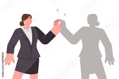Alter ego of business woman standing near own shadow, as metaphor for exploring soul