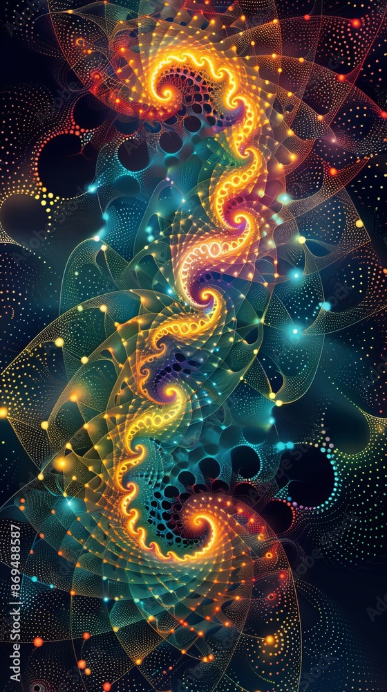 Intricate fractal spirals with vibrant colors and glowing dots Intricate fractal spirals with vibrant colors and glowing dots