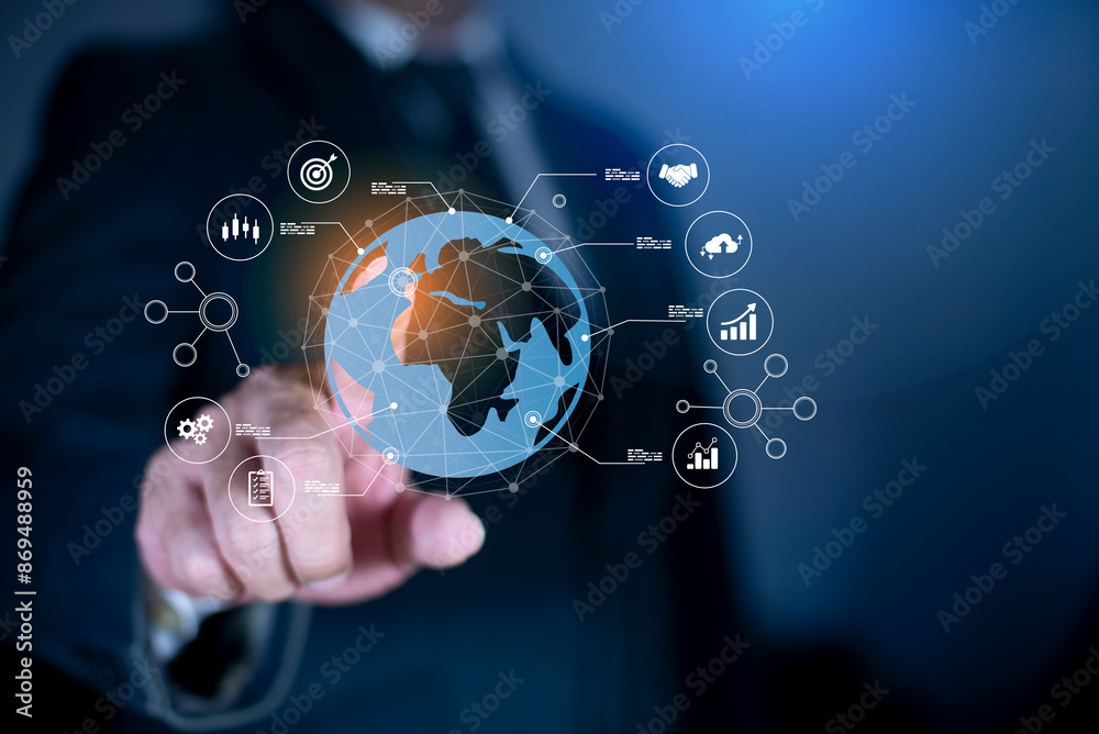 Businessman hand touching abstract global network connection on structure network. Big data analytics and business intelligence concept. Concept of Global Business. Digital link tech.