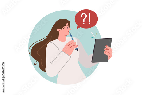 Thoughtful woman with tablet computer takes online test or fills out form on university website