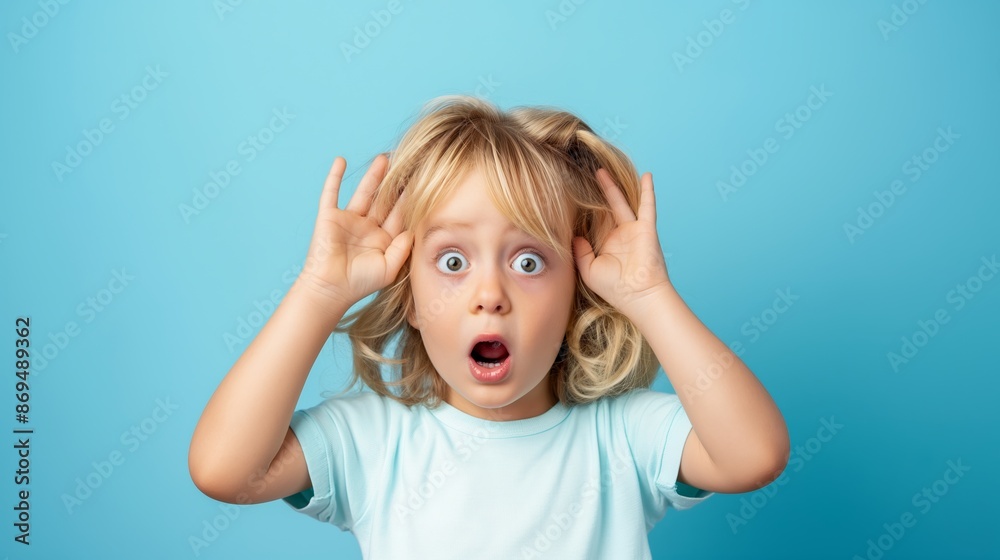 A young blonde child with wide eyes and a surprised expression on his face. He is wearing a blue shirt and has his hands on his head A young blonde child with wide eyes and a surprised expression on his face. He is wearing a blue shirt and has his hands on his head