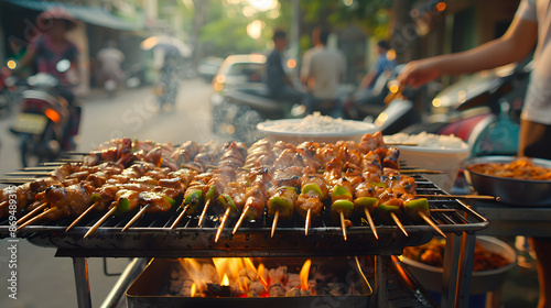 Cropped view of a street vendor grilling chicken on a cart. photo