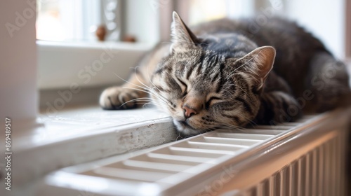 Wallpaper Mural A Tabby Cat Peacefully Sleeping on a Radiator Indoors. The Start of the Heating Season in Autumn. Torontodigital.ca