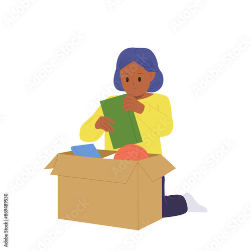 Smiling girl child cartoon character unpacking personal belongings after moving to new room