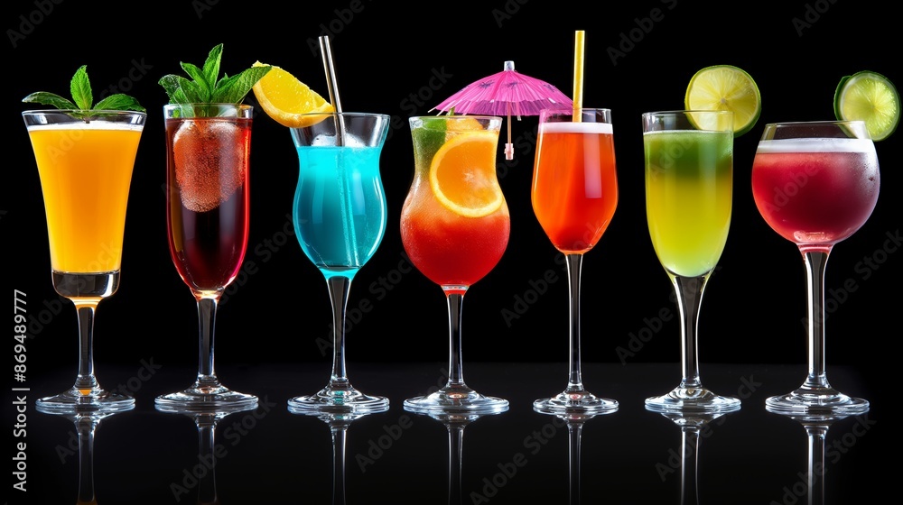 A row of colorful drinks in glasses, including a pink drink, a blue drink, and a green drink A row of colorful drinks in glasses, including a pink drink, a blue drink, and a green drink