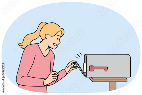 Woman with smile opens street mailbox with letters and rejoices in receiving correspondence or long-term contract. Happy girl near mailbox for important letters for friends and family