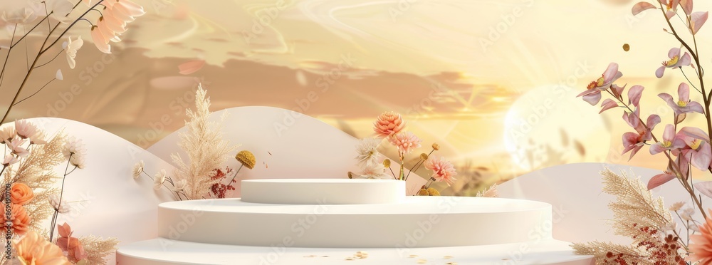 A tranquil and beautiful scene is created by a white podium surrounded by blossoming branches against a serene sunset backdrop. It showcases an elegant and peaceful setting with a serene aura A tranquil and beautiful scene is created by a white podium surrounded by blossoming branches against a serene sunset backdrop. It showcases an elegant and peaceful setting with a serene aura