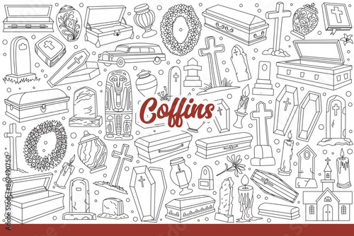 Coffins for funeral of deceased near tombstones and vases for ashes of criminated person. Coffins for ritual processions with wreaths and candles for religious ceremonies. Hand drawn doodle