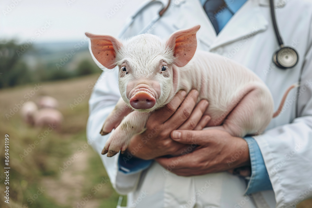 Fototapeta premium man veterinarian holding little pig on pig farm