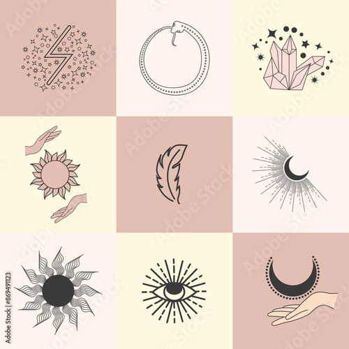 Set of magic symbols, celestial seamless pattern. Astrological, magical and esoteric symbols.