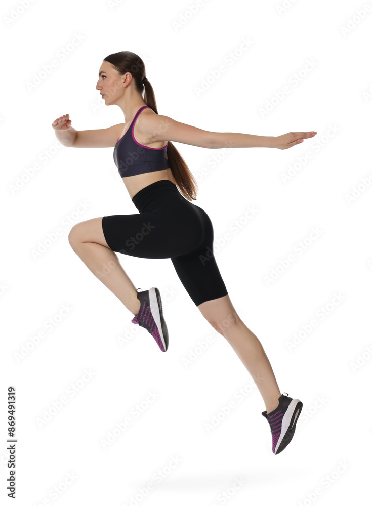 Young woman doing aerobic exercise on white background Young woman doing aerobic exercise on white background