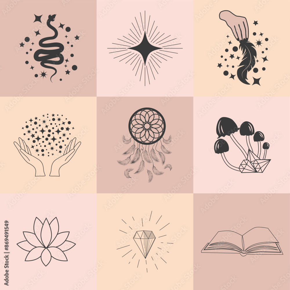 Obraz premium Set of magic symbols, celestial seamless pattern. Astrological, magical and esoteric symbols.