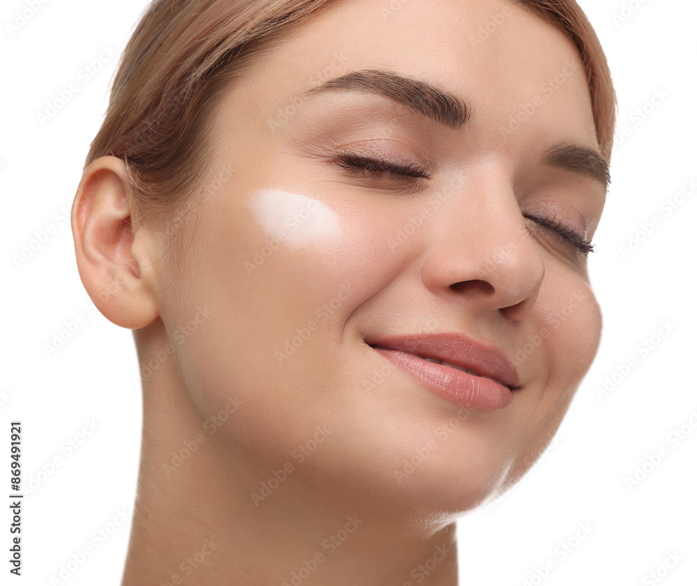 Beautiful woman with cream on her face against white background, closeup Beautiful woman with cream on her face against white background, closeup