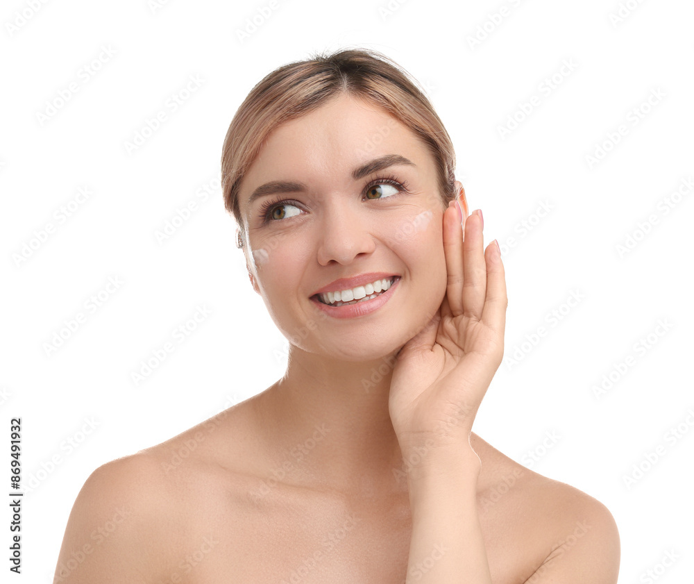 Beautiful woman with cream on her face against white background Beautiful woman with cream on her face against white background