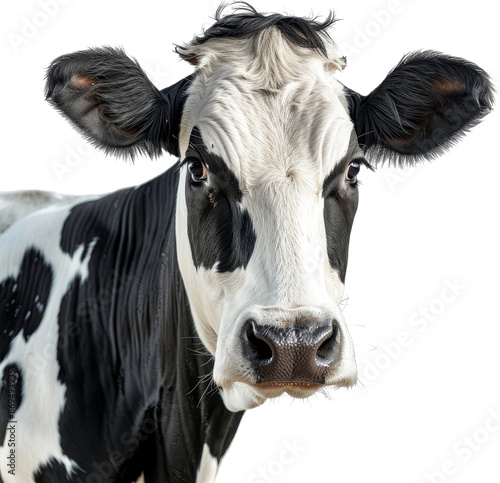 Close-up portrait of a black and white cow looking directly at the camera.