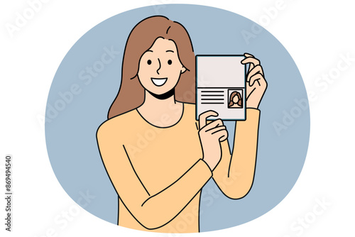 Woman demonstrates passport, rejoicing at receiving first id document or new citizenship after relocation. Dvushka kopeck piece with passport trying to get access to security room in office
