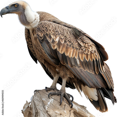 Majestic vulture perched on a branch, showcasing its intricate feathers and keen gaze. Perfect wildlife and nature photography. photo