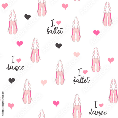 Seamless pattern with ballet pointe shoes and additional elements, imitation of a sketch, watercolors. Ballet school promo background