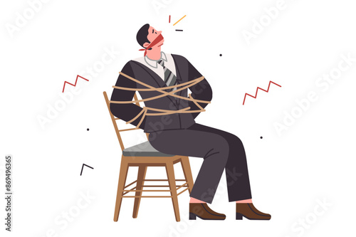 Bound and gagged business man has become hostage to bad employer who forbids to leave workplace
