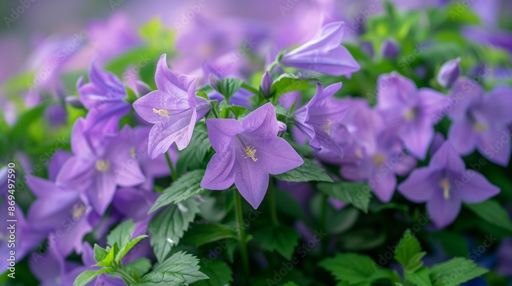 Gentle bellflowers on park flowerbed closeup image. Tiny harebells blooming on green bush close up photography. Plants cultivation for outdoor decor concept photo realistic Gentle bellflowers on park flowerbed closeup image. Tiny harebells blooming on green bush close up photography. Plants cultivation for outdoor decor concept photo realistic