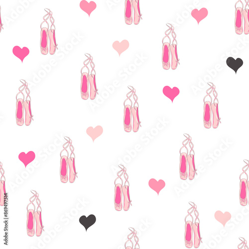 Seamless pattern with ballet pointe shoes and additional elements, imitation of a sketch, watercolors. Ballet school promo background