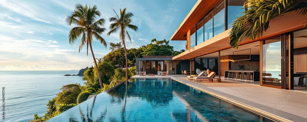 Fototapeta premium Elevated image of a modern beach villa with expansive windows, infinity pool, and palm trees, clear skies, editorial style, coastal photography