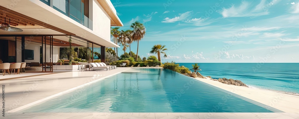 Fototapeta premium Elevated image of a modern beach villa with expansive windows, infinity pool, and palm trees, clear skies, editorial style, coastal photography