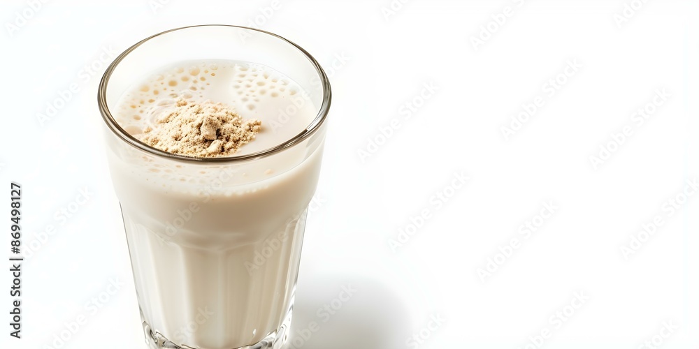 Glass of fresh milk with protein powder on white background. Concept Healthy Lifestyle, Protein Supplements, Dairy Products, Fitness Nutrition, White Background