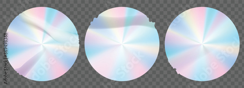 Holographic stickers with wrinkles set. Geometric shapes label with rainbow hologram. Vector elements for modern trend design.