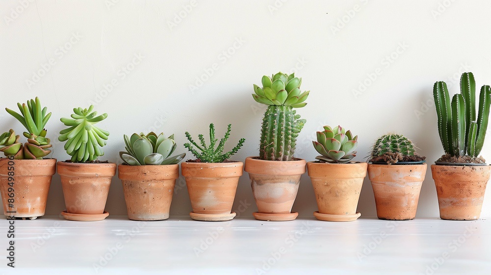 Cacti and succulents in small clay pots collection photo. Exotic plants garden at home image background wallpaper. Cultivating wild cactus plants concept picture realistic