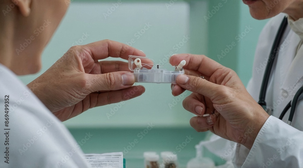 ront view doctor holding hearing aids ront view doctor holding hearing aids
