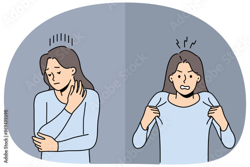 Woman shows anger and insecurity demonstrate emotions after receiving news of boyfriend infidelity. Two girls with different emotions and mental states need psychological support service