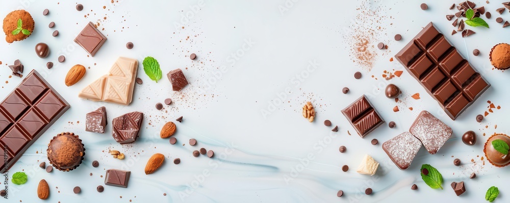 Assortment of chocolate pieces and nuts on a white marble background. Assortment of chocolate pieces and nuts on a white marble background.