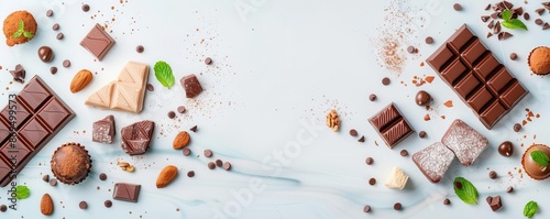 Assortment of chocolate pieces and nuts on a white marble background.