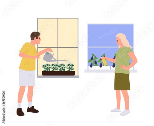 Young man woman garden lovers cartoon characters caring for plants on windowsill isolated on white