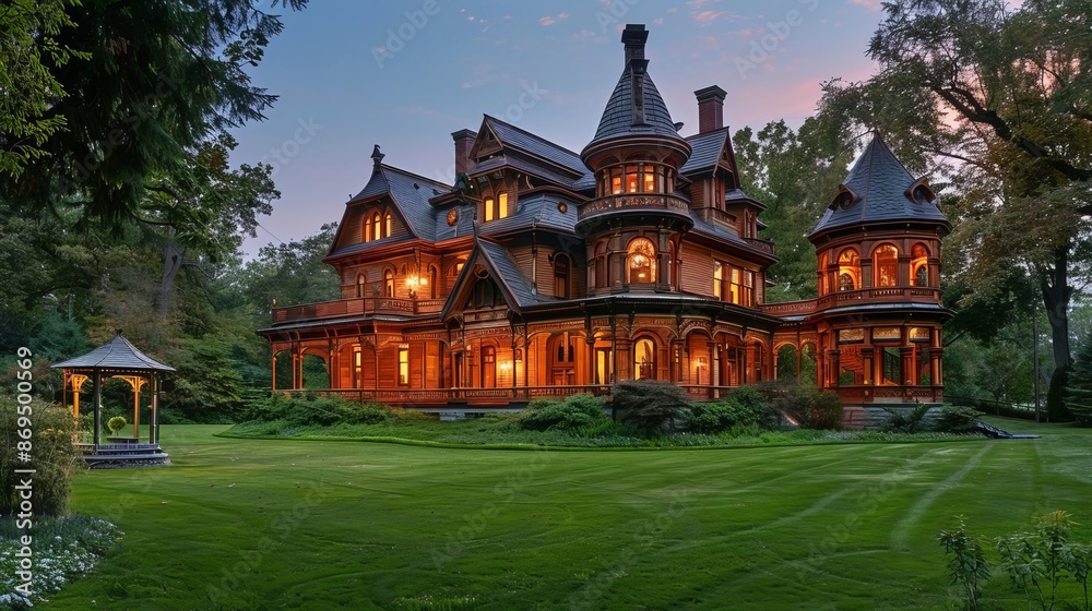 Fototapeta premium Elevated view of an elegant Victorianstyle home with intricate woodwork, expansive lawn, and gazebo, twilight setting, editorial style, detailed photography