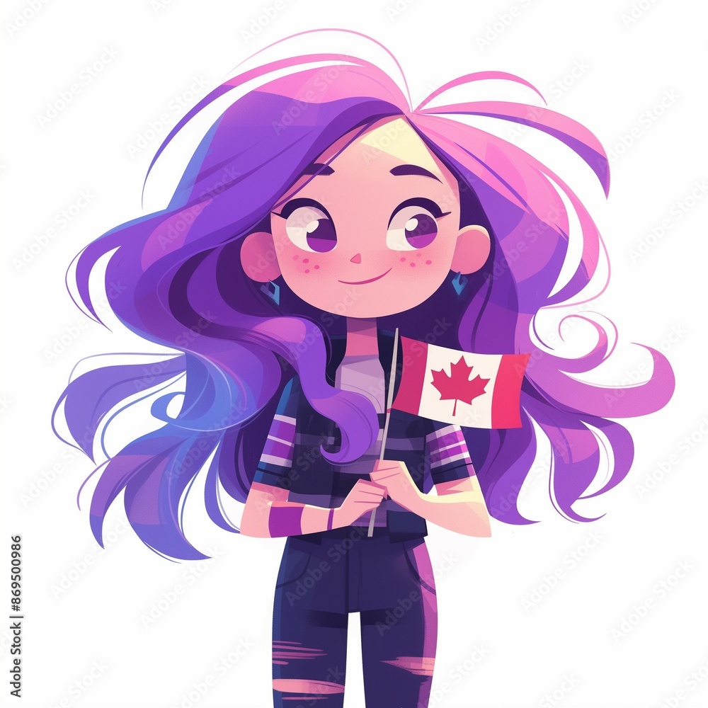 Adorable illustration of a teenager girl with purple hair holding a Canadian flag, smiling warmly. Adorable illustration of a teenager girl with purple hair holding a Canadian flag, smiling warmly.