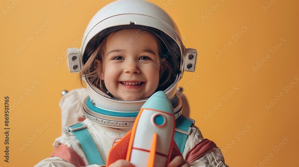 Little astronaut in a space suit, smiling excitedly, holding a model spaceship, colorful background, editorial style, clear photo Little astronaut in a space suit, smiling excitedly, holding a model spaceship, colorful background, editorial style, clear photo