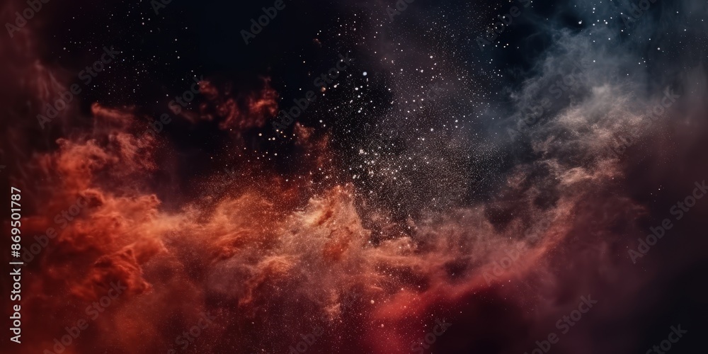 Cosmic Nebula with Red and Blue Hues, A dark sky filled with numerous small particles of red and white smoke Cosmic Nebula with Red and Blue Hues, A dark sky filled with numerous small particles of red and white smoke