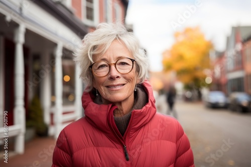 Portrait of a jovial woman in her 60s wearing a thermal fleece pullover in charming small town main street