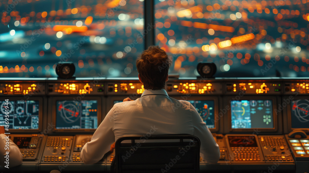 Air traffic controller overlooking a busy airport at night. Precision and vigilance in air traffic management. Air traffic controller overlooking a busy airport at night. Precision and vigilance in air traffic management.