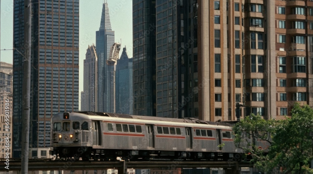 A train is traveling through a city with tall buildings in the background A train is traveling through a city with tall buildings in the background