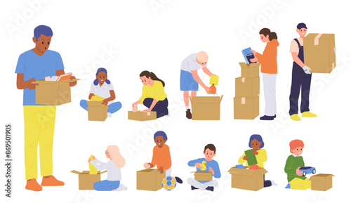 Adults and children cartoon characters packing and unpacking personal belongings into cardboard pack