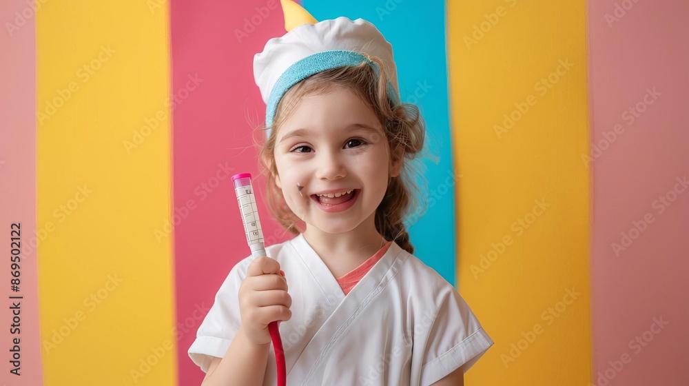 Little nurse with a toy thermometer, smiling excitedly, holding a bandage, colorful background, editorial style, medical photograph Little nurse with a toy thermometer, smiling excitedly, holding a bandage, colorful background, editorial style, medical photograph