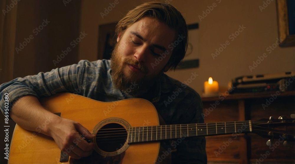 Obraz premium A man with a beard is playing a guitar