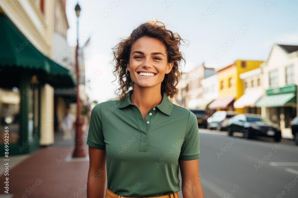 © Markus Schröder - Portrait of a happy woman in her 20s wearing a breathable golf polo over charming small town main street © Markus Schröder - Portrait of a happy woman in her 20s wearing a breathable golf polo over charming small town main street