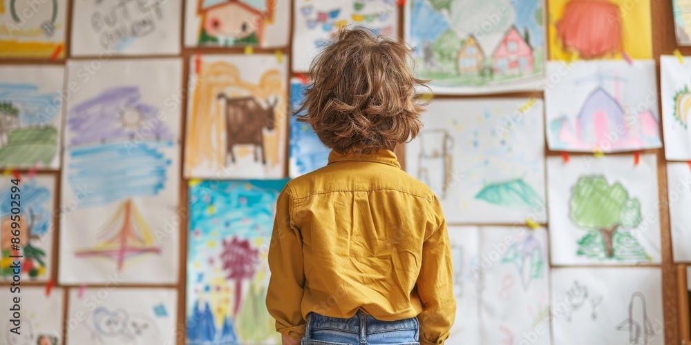 Obraz premium Little boy looking at the colorful hand-drawn pictures on the wall.