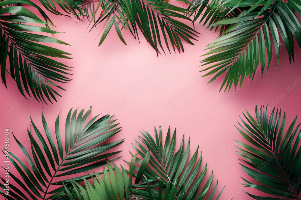 Tropical Palm Leaves Frame on Pink Background Tropical Palm Leaves Frame on Pink Background