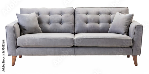 Stylish grey velvet sofa with wooden legs and plush cushions, perfect for contemporary living spaces.